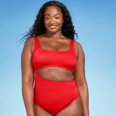 Cheap 👍 Women's Textured Ribbed Side Cut Out Medium Coverage One Piece Swimsuit - Kona Sol™ Lively Red 💯 4 Cheap 👍 Women's Textured Ribbed Side Cut Out Medium Coverage One Piece Swimsuit - Kona Sol™ Lively Red 💯 - Image 2