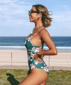 Budget 🌟 Women's Green Floral Lace Up Backless One Piece Swimsuit - Cupshe 👍