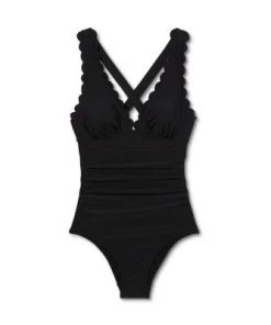Coupon 🔥 Women's Plunge Front Scallop High Coverage One Piece Swimsuit - Kona Sol™ Black 🎁 -Swimsuits Official Site unnamed file 7510