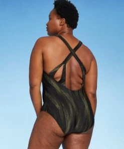 Promo 😍 Women's Cross Back One Piece Swimsuit - All in Motion™ Olive Green & Black 🌟 -Swimsuits Official Site unnamed file 7544