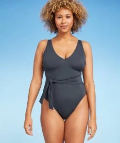 Flash Sale 👏 Women's Plunge Tie-Front Wrap One Piece Swimsuit- Shade & Shore™ Slate Blue ⭐ -Swimsuits Official Site unnamed file 7560