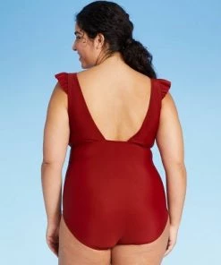 Outlet 🤩 Women's Long Torso Ruffle Shoulder High Coverage One Piece Swimsuit - Kona Sol™ Bold Burgundy ⌛ -Swimsuits Official Site unnamed file 7576