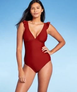 Outlet 🤩 Women's Long Torso Ruffle Shoulder High Coverage One Piece Swimsuit - Kona Sol™ Bold Burgundy ⌛ -Swimsuits Official Site unnamed file 7583