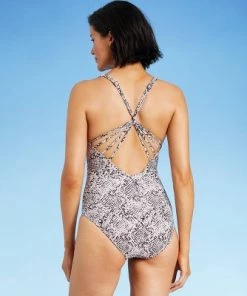 Deals 🔔 Women's V-Neck Strappy Back Detail One Piece Swimsuit - All in Motion™ Snake Print ⭐