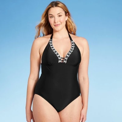 Outlet 👏 Women's Crochet Neckline Medium Coverage One Piece Swimsuit - Kona Sol™ Black 🔔 4 Outlet 👏 Women's Crochet Neckline Medium Coverage One Piece Swimsuit - Kona Sol™ Black 🔔 - Image 2