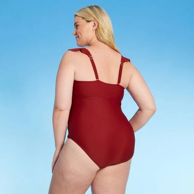 New ๐ Women's Plus Size Cap Sleeve Plunge One Piece Swimsuit - Kona Solโข Burgundy ๐ 3 New ๐ Women's Plus Size Cap Sleeve Plunge One Piece Swimsuit - Kona Solโข Burgundy ๐