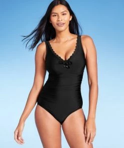 Top 10 ⌛ Women's Long Torso Scallop High Coverage One Piece Swimsuit - Kona Sol™ Black 🛒