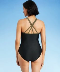 Promo ā¤ļø Women's Racerback One Piece Swimsuit - All in Motion⢠Olive Green & Black Colorblock ā