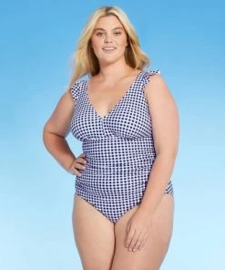 Cheap ✨ Women's Ruffle Gingham High Coverage One Piece Swimsuit - Kona Sol™ Blue ⭐ -Swimsuits Official Site unnamed file 7701