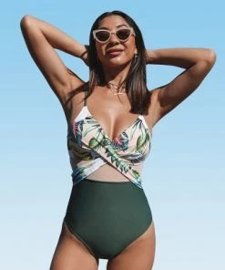Best Pirce ✔️ Women's V Neck One Piece Swimsuit Crisscross Green Leafy Bathing Suit-Cupshe 🌟 -Swimsuits Official Site unnamed file 7954
