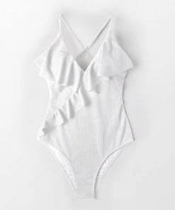 New 👍 Women's White One Piece Swimsuit Ruffled Wrap Textured Bathing Suits - Cupshe 👏