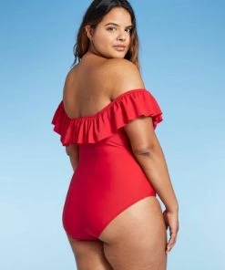 Outlet 🎁 Women's Off the Shoulder High Coverage One Piece Swimsuit - Kona Sol™ Red 🎉 -Swimsuits Official Site unnamed file 8140
