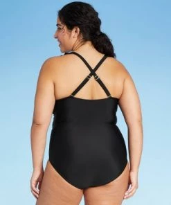 Flash Sale 🌟 Women's Long Torso Ruffle Over the Shoulder High Coverage One Piece Swimsuit - Kona Sol™ Black 😀