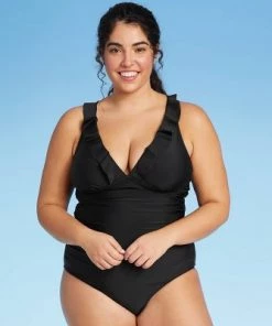 Flash Sale 🌟 Women's Long Torso Ruffle Over the Shoulder High Coverage One Piece Swimsuit - Kona Sol™ Black 😀 -Swimsuits Official Site unnamed file 8252