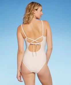 Best deal 🌟 Women's Textured Pique Vanilla Latte Ring Hardware Medium Coverage One Piece Swimsuit - Kona Sol™ Ivory L 😀