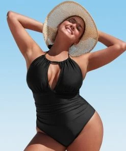 Hot Sale 🔥 Women's Black Plus Size One Piece Ruched Cutout High Neck Bathing Suit -Cupshe 💯 -Swimsuits Official Site unnamed file 8520