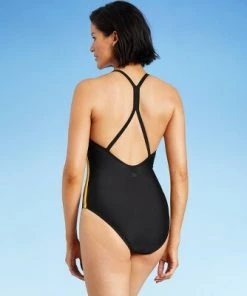 Hot Sale 😀 Women's Racerback Racing One Piece Swimsuit - All in Motion™ Black Stripe 🛒