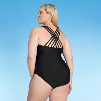 Deals 😍 Women's Plus Size Strappy Back One Piece Swimsuit - Kona Sol™ Black 🔥 3 Deals 😍 Women's Plus Size Strappy Back One Piece Swimsuit - Kona Sol™ Black 🔥