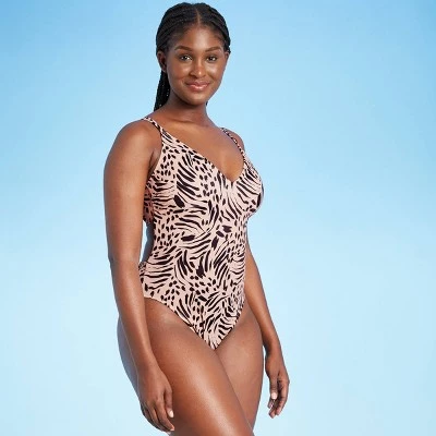 Outlet 🤩 Women's Tall/Long Torso Double Strap Tie Back Monokini One Piece Swimsuit - Shade & Shore™ Tan Animal Print 🤩 3 Outlet 🤩 Women's Tall/Long Torso Double Strap Tie Back Monokini One Piece Swimsuit - Shade & Shore™ Tan Animal Print 🤩 - Image 2