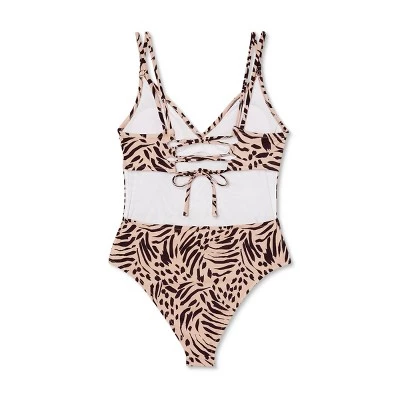 Outlet 🤩 Women's Tall/Long Torso Double Strap Tie Back Monokini One Piece Swimsuit - Shade & Shore™ Tan Animal Print 🤩 6 Outlet 🤩 Women's Tall/Long Torso Double Strap Tie Back Monokini One Piece Swimsuit - Shade & Shore™ Tan Animal Print 🤩 - Image 5