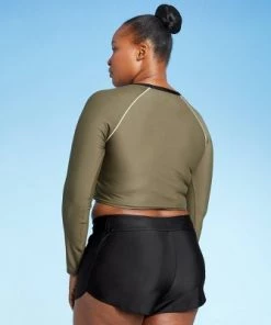 Promo 🤩 Women's Long Sleeve Cropped Rash Guard - All in Motion™ Olive Green & Black Colorblock 👍 -Swimsuits Official Site unnamed file 9132