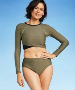 Promo 🤩 Women's Long Sleeve Cropped Rash Guard - All in Motion™ Olive Green & Black Colorblock 👍 -Swimsuits Official Site unnamed file 9137
