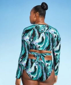 Cheapest 😀 Women's Long Sleeve Tie Back Rash Guard - All in Motion™ Marble Print ⌛ -Swimsuits Official Site unnamed file 9148