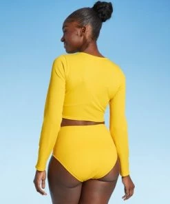 Outlet 👏 Women's Twist-Front Ribbed Long Sleeve Cropped Rash Guard - All in Motion™ Golden Yellow 🌟 -Swimsuits Official Site unnamed file 9178