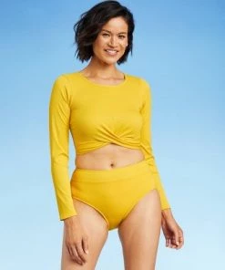 Outlet 👏 Women's Twist-Front Ribbed Long Sleeve Cropped Rash Guard - All in Motion™ Golden Yellow 🌟 -Swimsuits Official Site unnamed file 9182