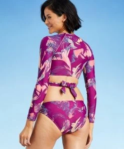 Coupon 😀 Women's Tie Back Long Sleeve Cropped Rash Guard - All in Motion™ Purple Floral ⭐