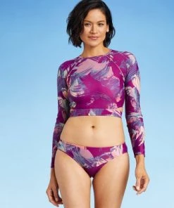 Coupon 😀 Women's Tie Back Long Sleeve Cropped Rash Guard - All in Motion™ Purple Floral ⭐ -Swimsuits Official Site unnamed file 9199