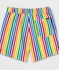 Discount 🧨 Trinity Collective Pride Gender Inclusive Adult 7'' Striped Rainbow Swim Trunks - XS 👏