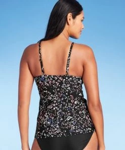 Discount ❤️ Women's Keyhole High Neck Tankini Top - Kona Sol™ Black Animal Print 🤩