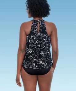 New 😍 Women's Slimming Control Keyhole Tiered High Neck Tankini Top - Dreamsuit by Miracle Brands Black ⭐