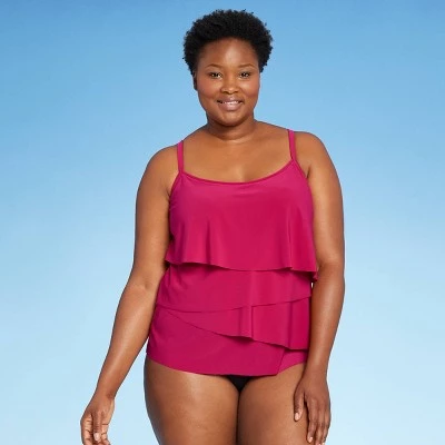 Outlet 👏 Women's Angled Tiered Tankini Top - Aqua Green® Dark Pink 🧨 4 Outlet 👏 Women's Angled Tiered Tankini Top - Aqua Green® Dark Pink 🧨 - Image 2