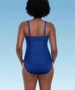 Best Pirce 🎁 Women's Slimming Control Shirred Front Double Strap Tankini Top - Dreamsuit by Miracle Brands Navy ✨